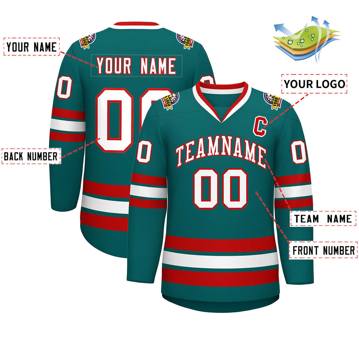 Custom Aqua White-Red Classic Style Hockey Jersey