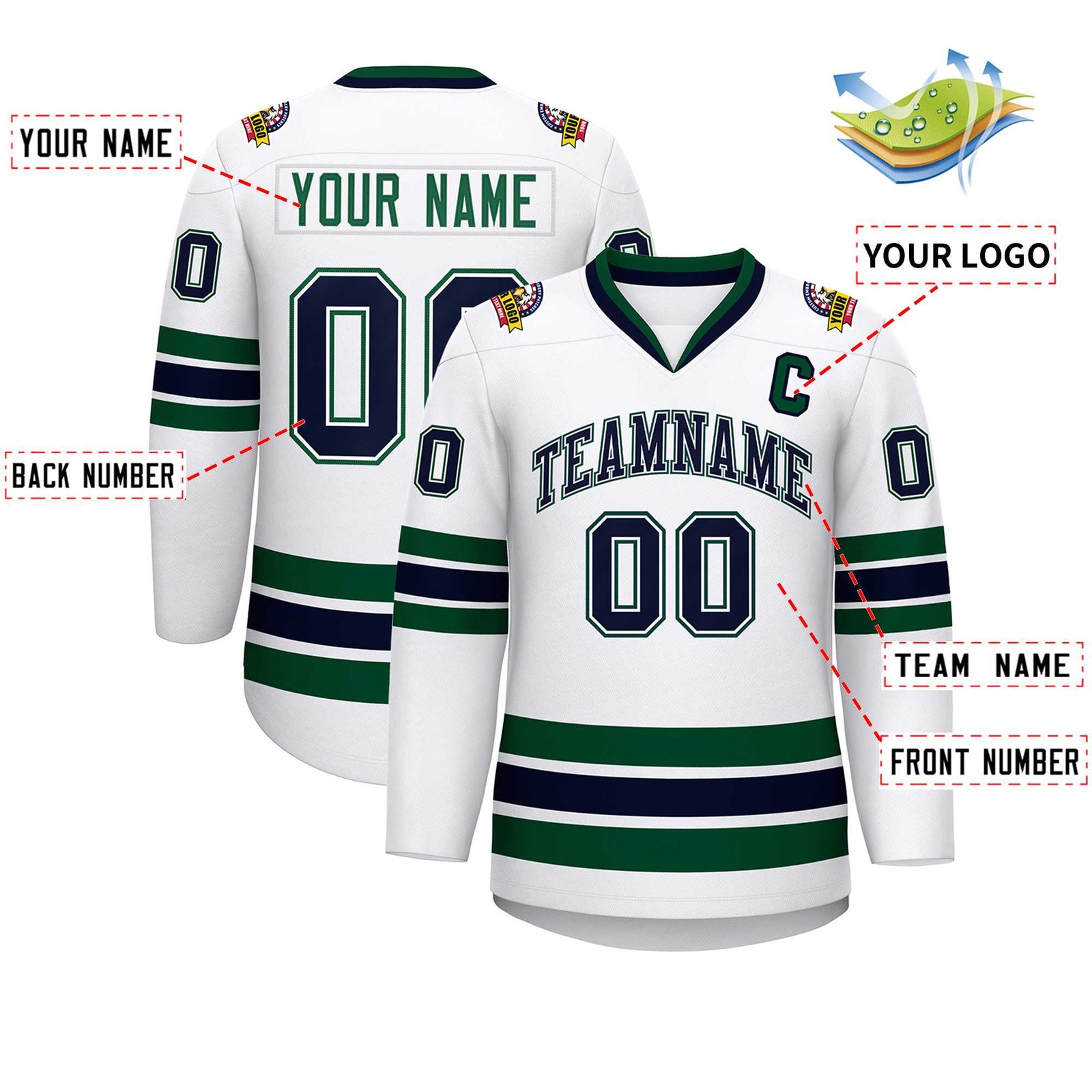 Custom White Navy White-Green Classic Style Hockey Jersey