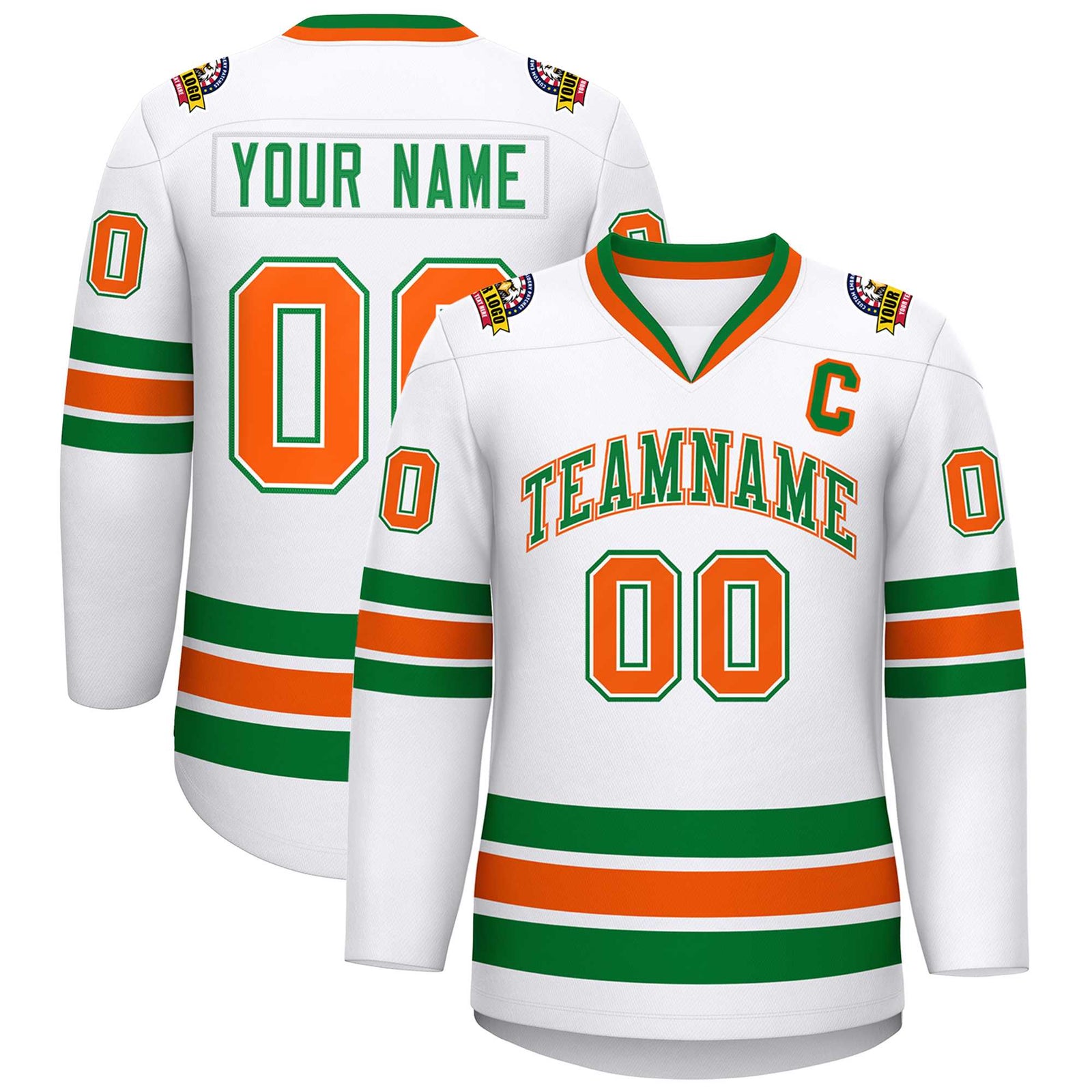 Custom White Kelly Green White-Orange Classic Style Hockey Jersey