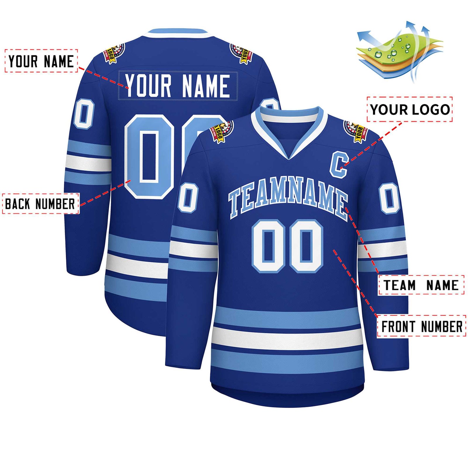 Custom Royal Light Blue-White Classic Style Hockey Jersey