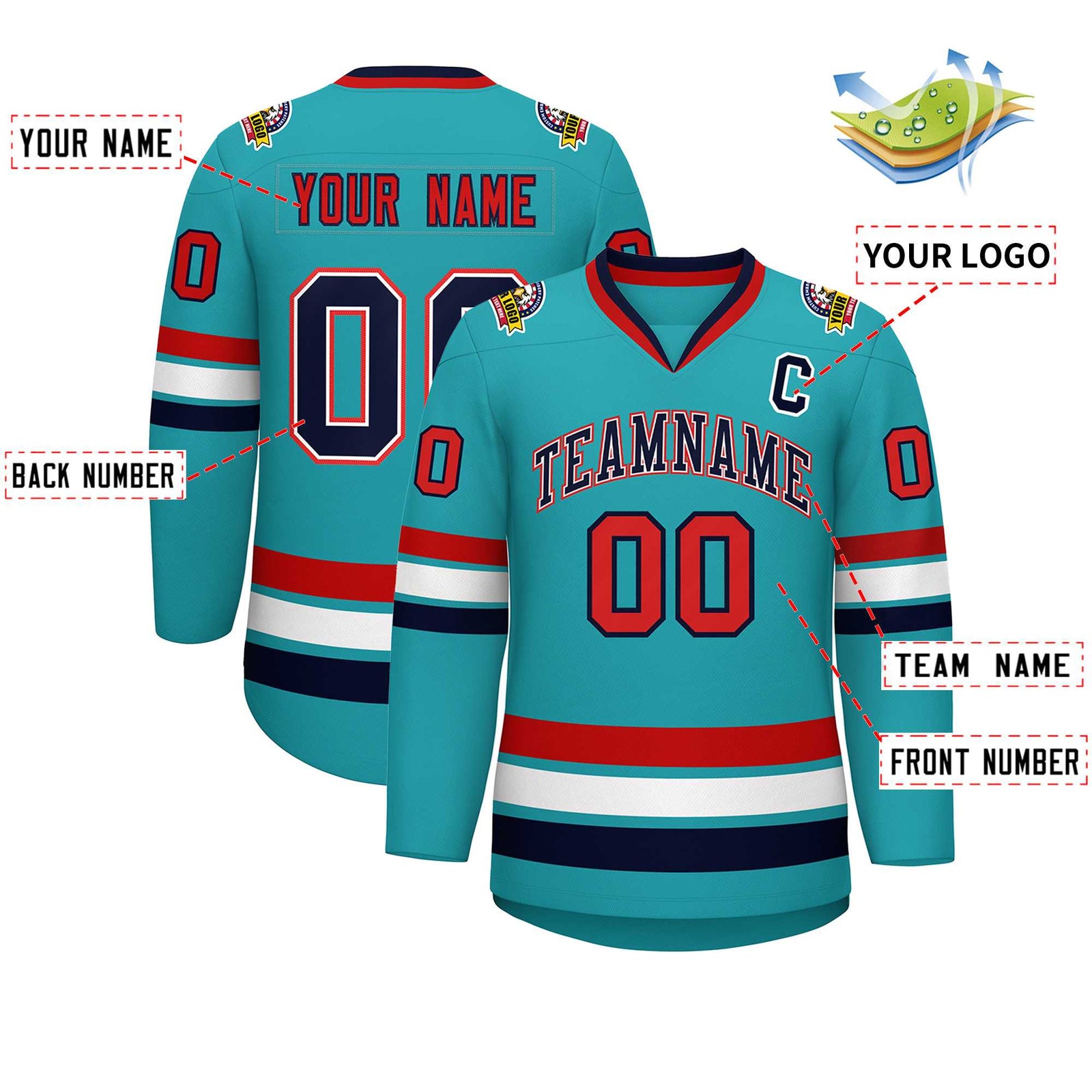Custom Aqua Navy White-Red Classic Style Hockey Jersey