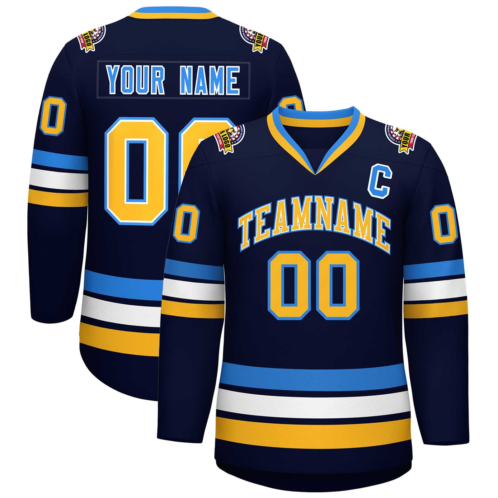Custom Navy Gold White-Powder Blue Classic Style Hockey Jersey