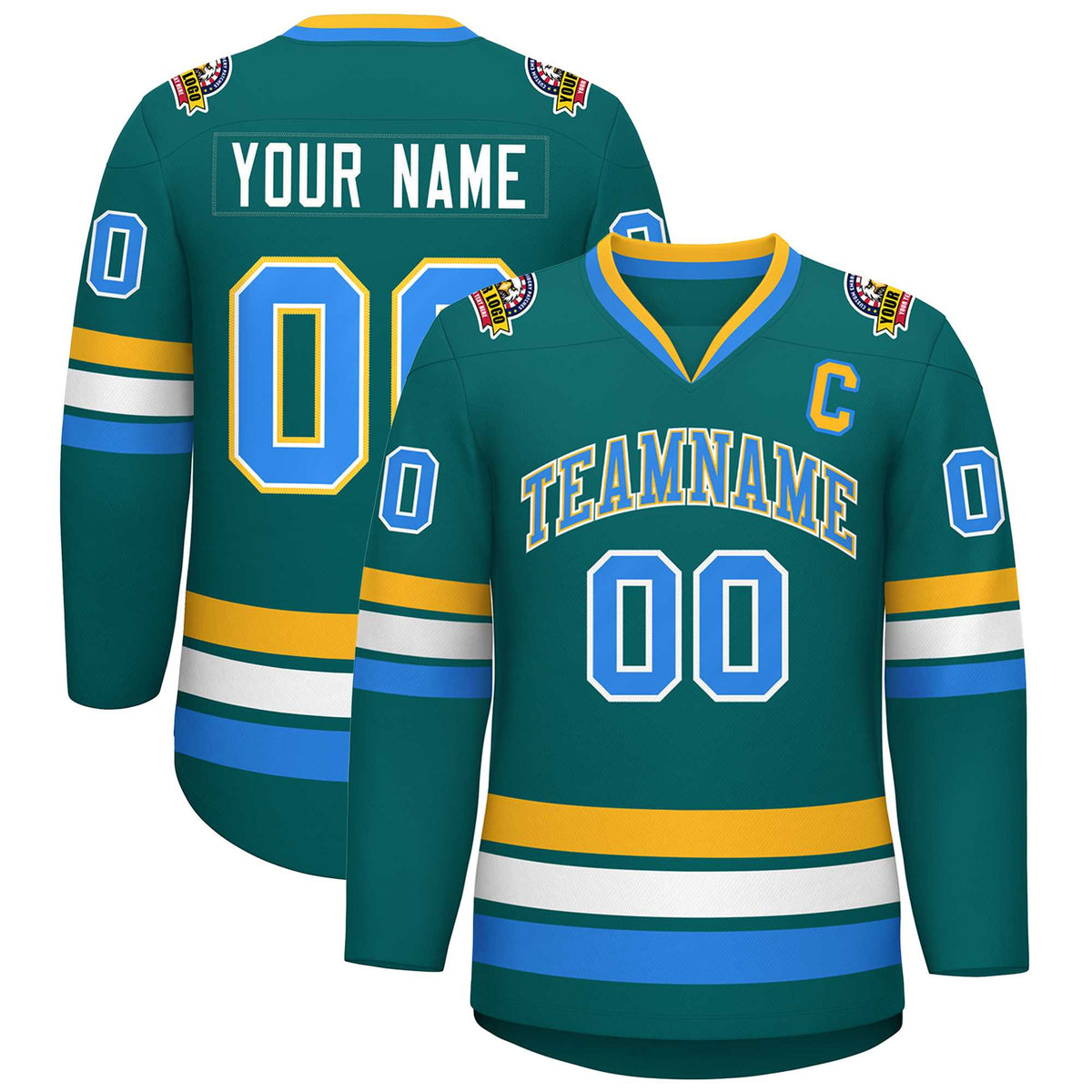 Custom Aqua Powder Blue White-Gold Classic Style Hockey Jersey