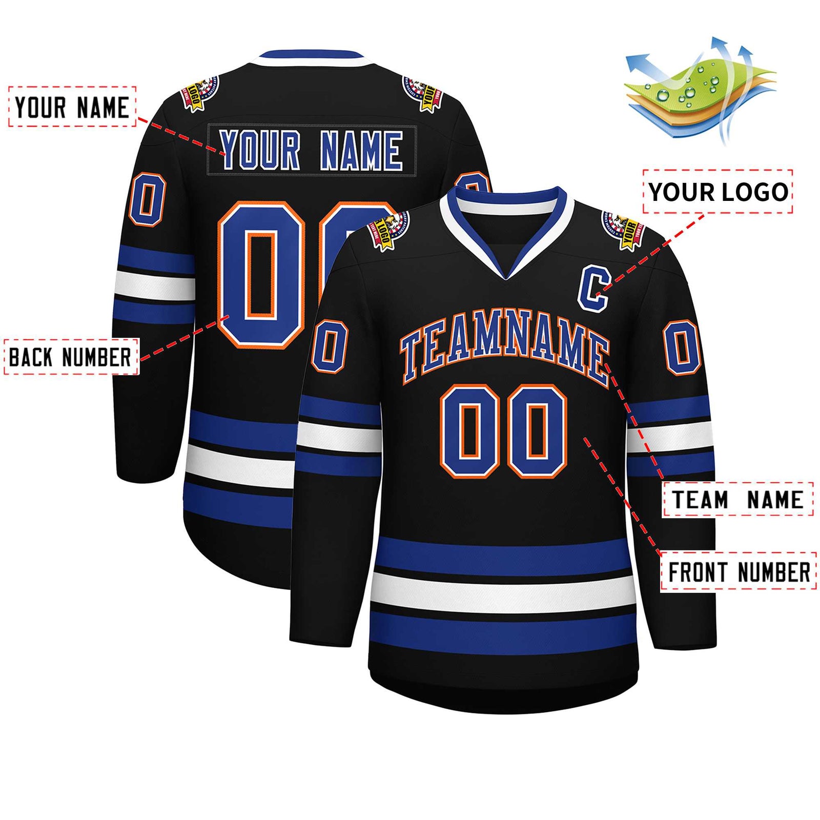 Custom Black Royal White-Orange Classic Style Hockey Jersey