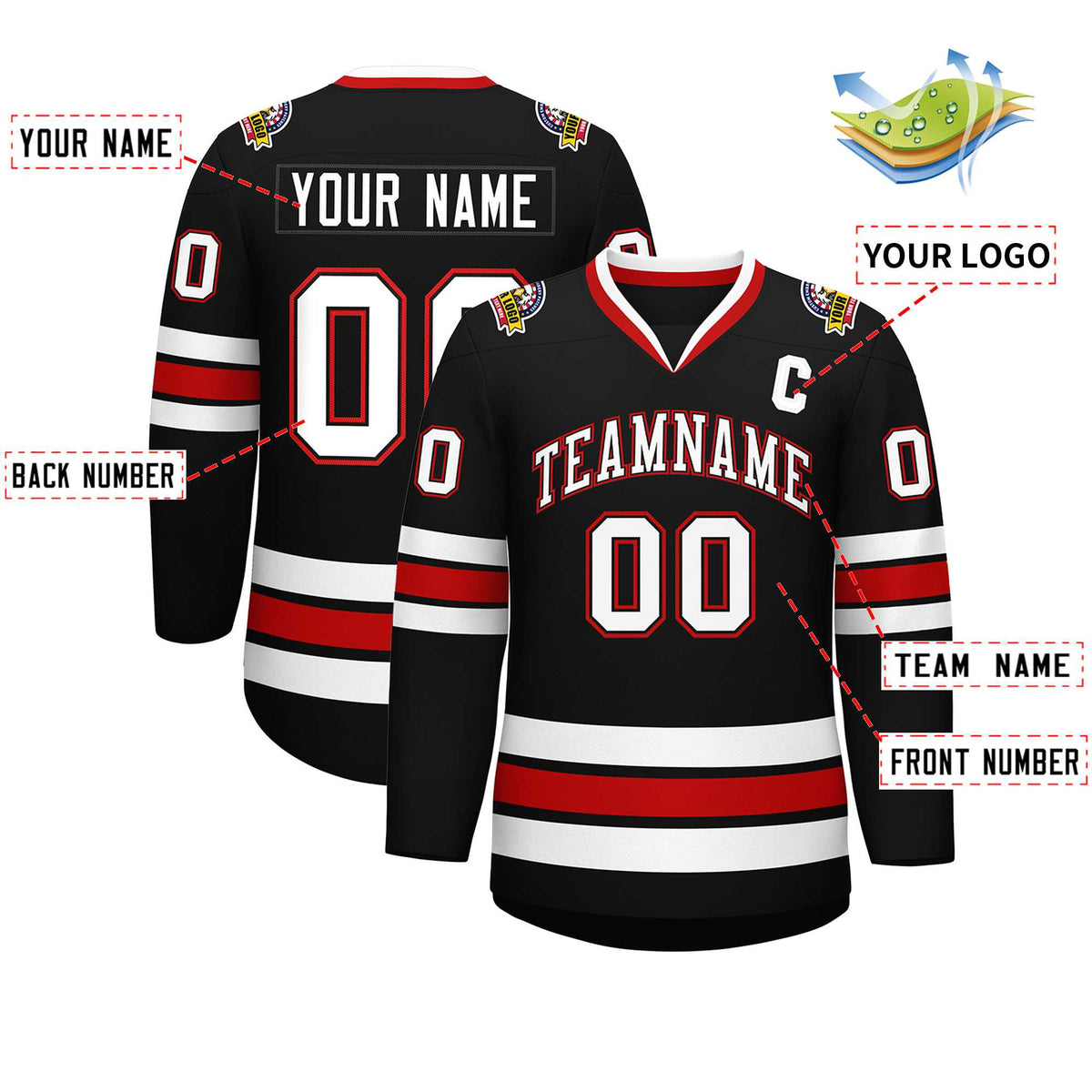 Custom Black White Black-Red Classic Style Hockey Jersey