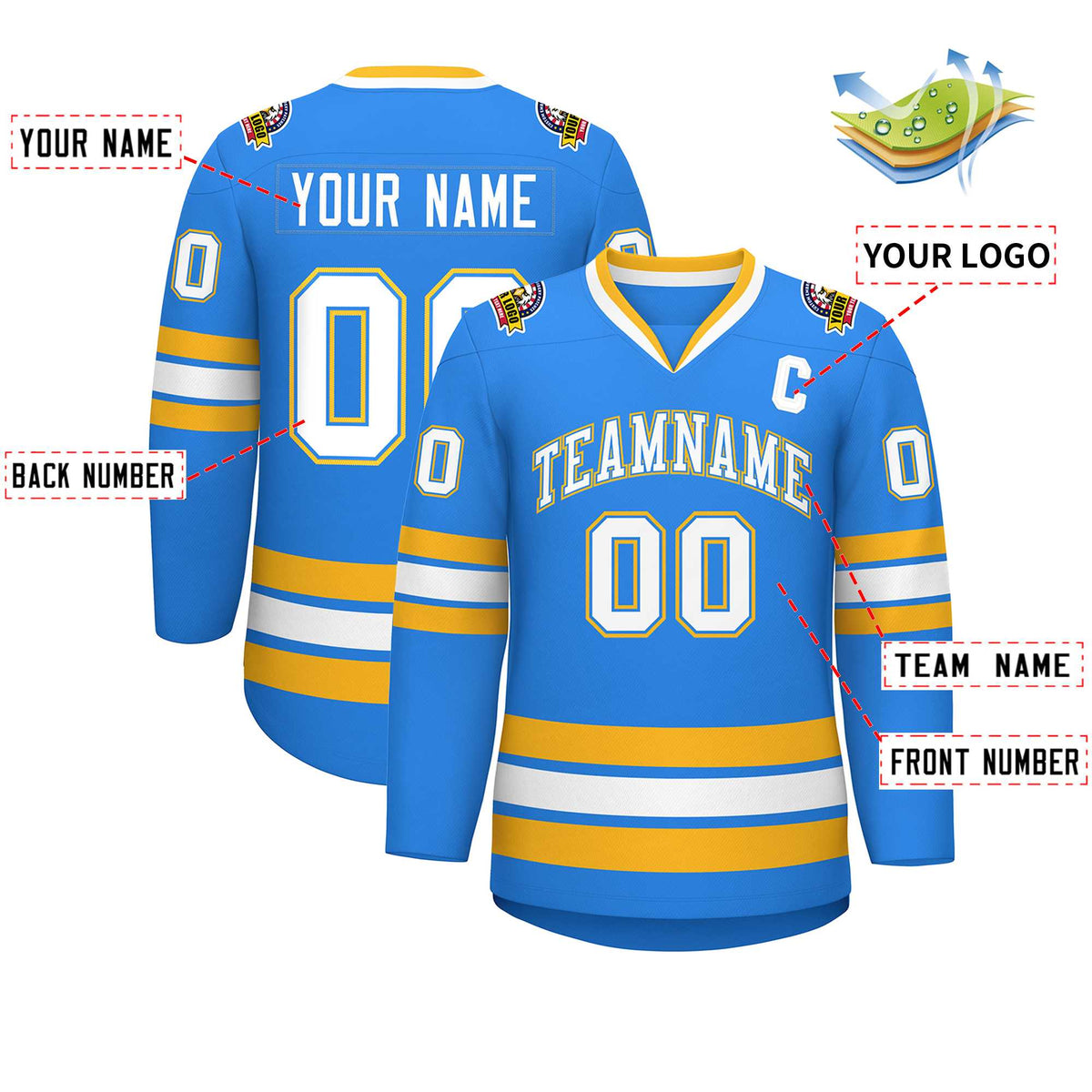 Custom Powder Blue White Powder Blue-Gold Classic Style Hockey Jersey