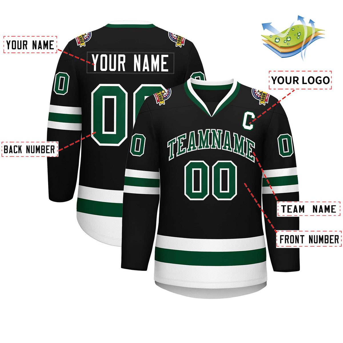 Custom Black Green-White Classic Style Hockey Jersey