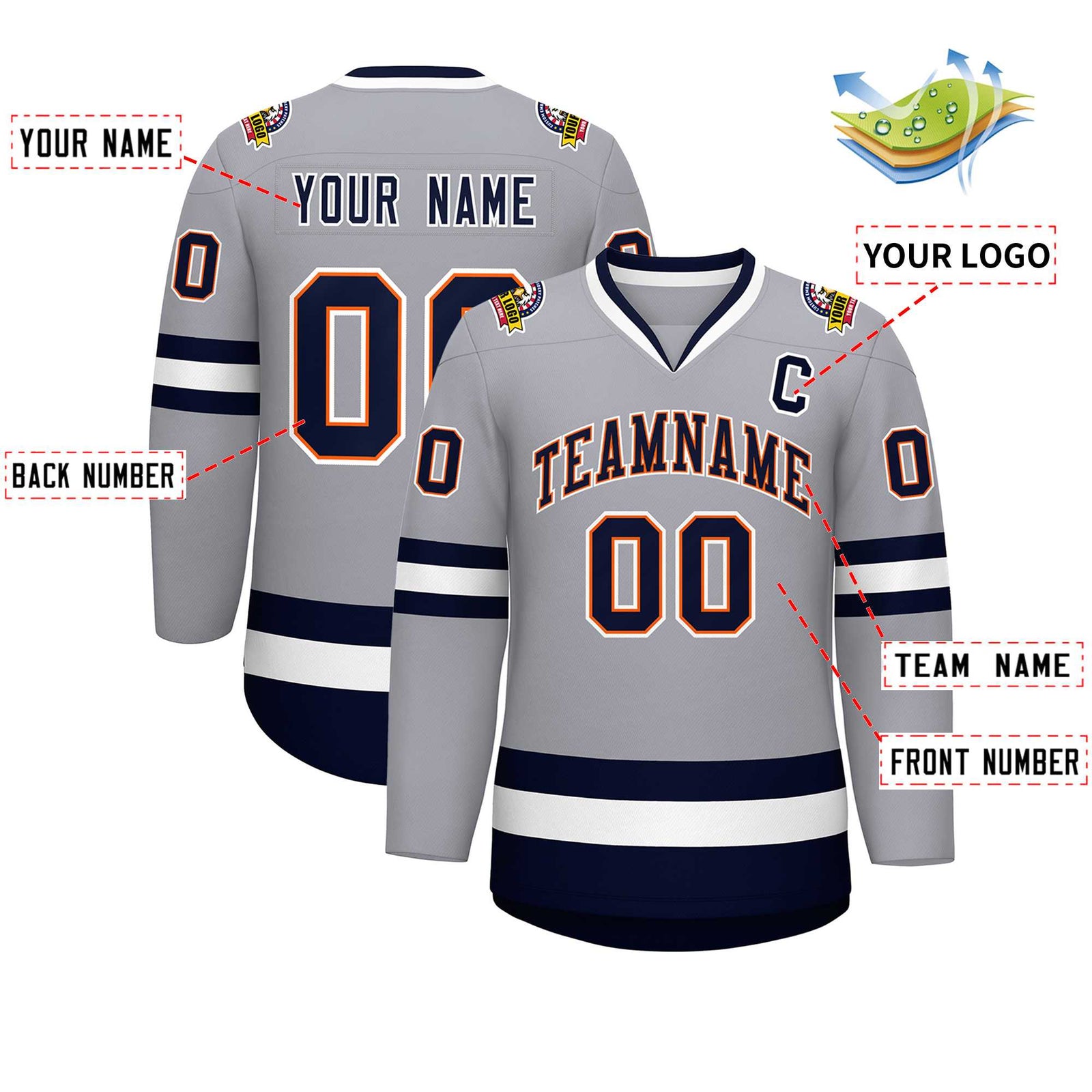 Custom Gray Navy Orange-White Classic Style Hockey Jersey