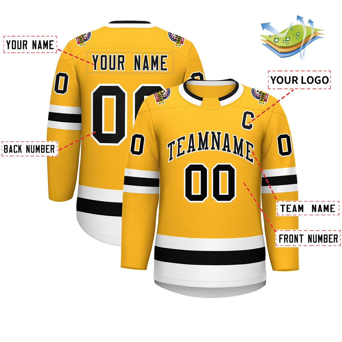 Custom Gold Black-White Classic Style Hockey Jersey