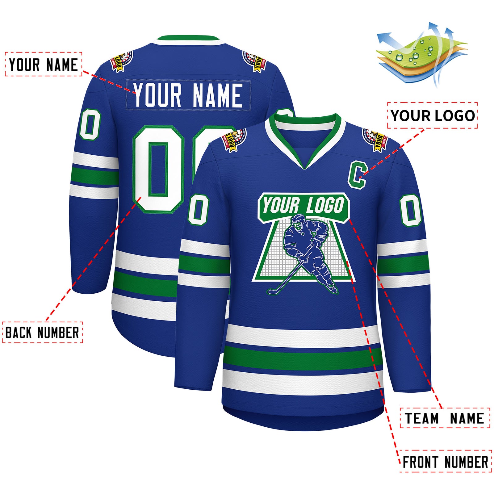 Custom Royal White Kelly Green- Classic Style Hockey Jersey