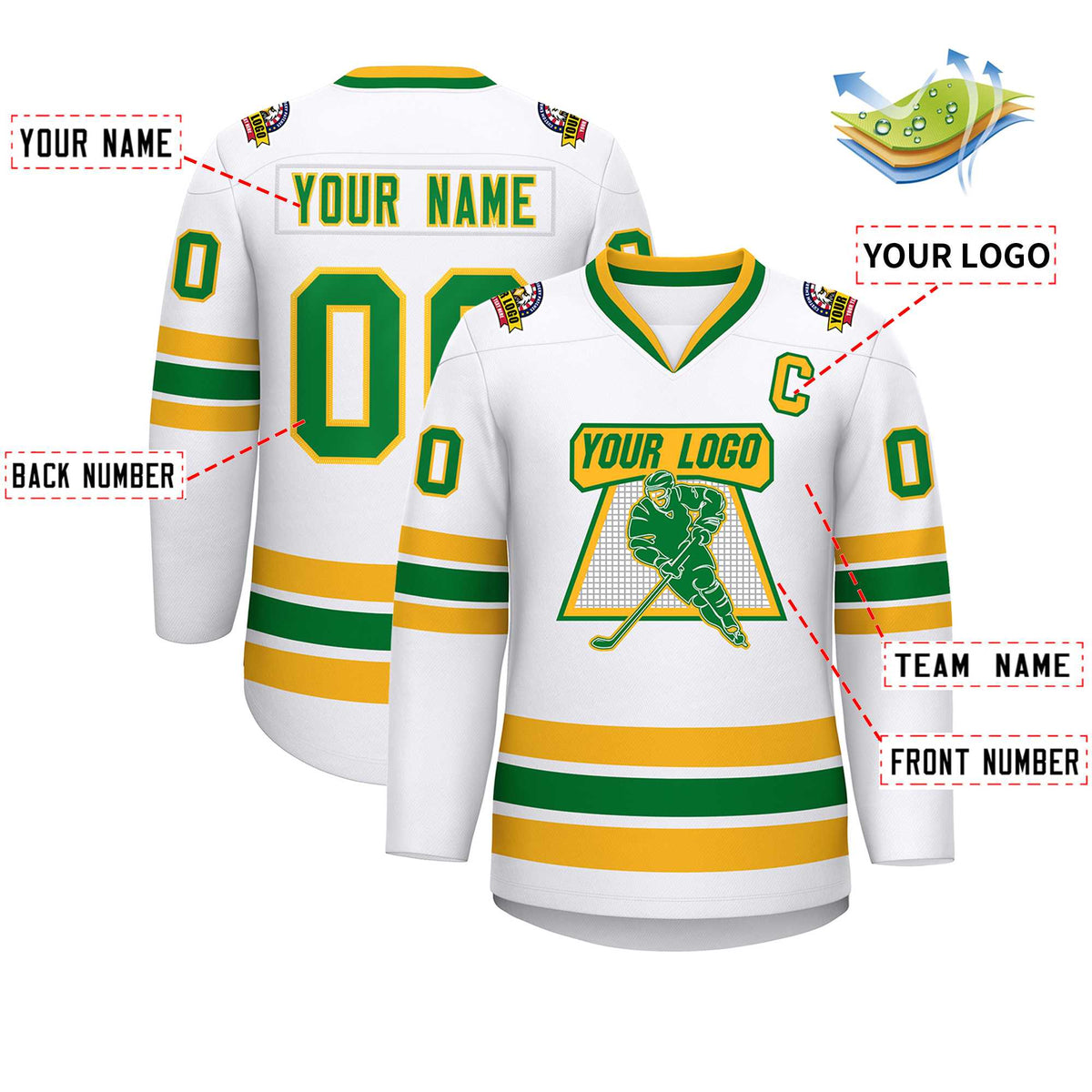 Custom White Kelly Green-Gold Classic Style Hockey Jersey
