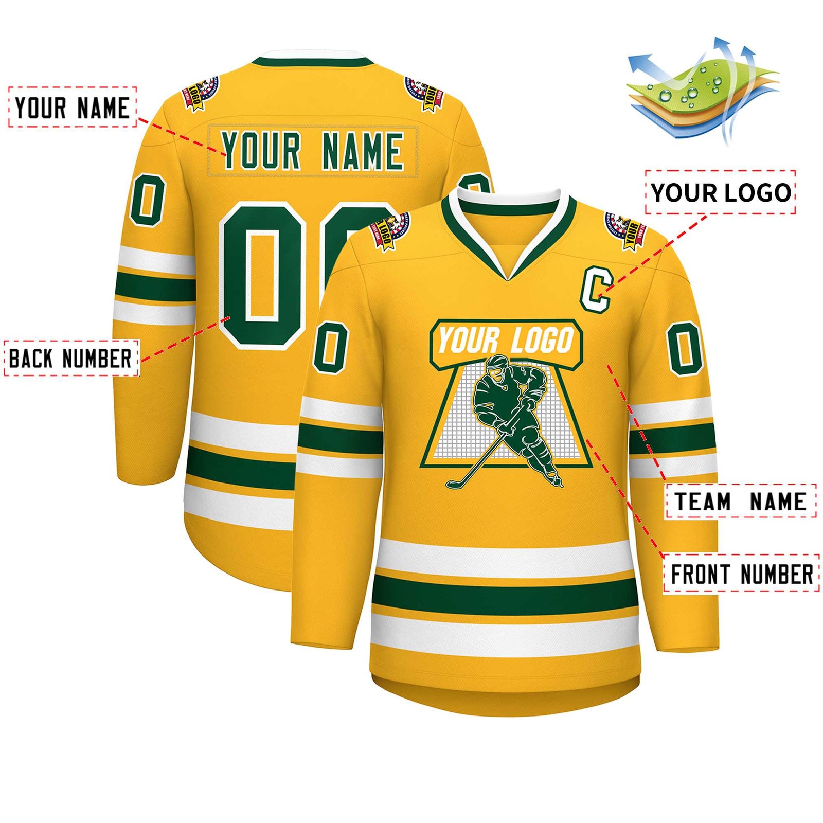 Custom Gold Green-White Classic Style Hockey Jersey