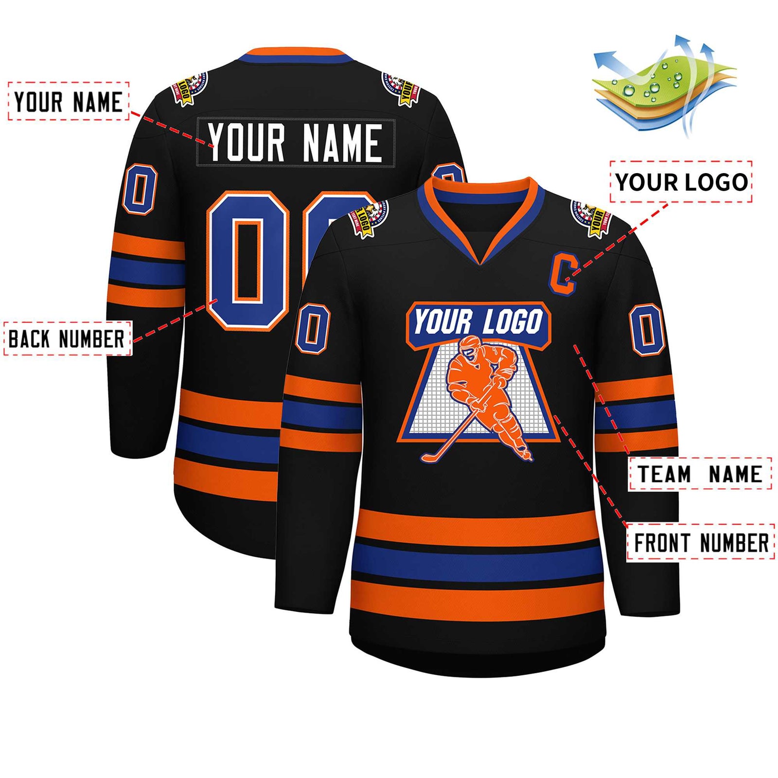 Custom Black Royal White-Orange Classic Style Hockey Jersey