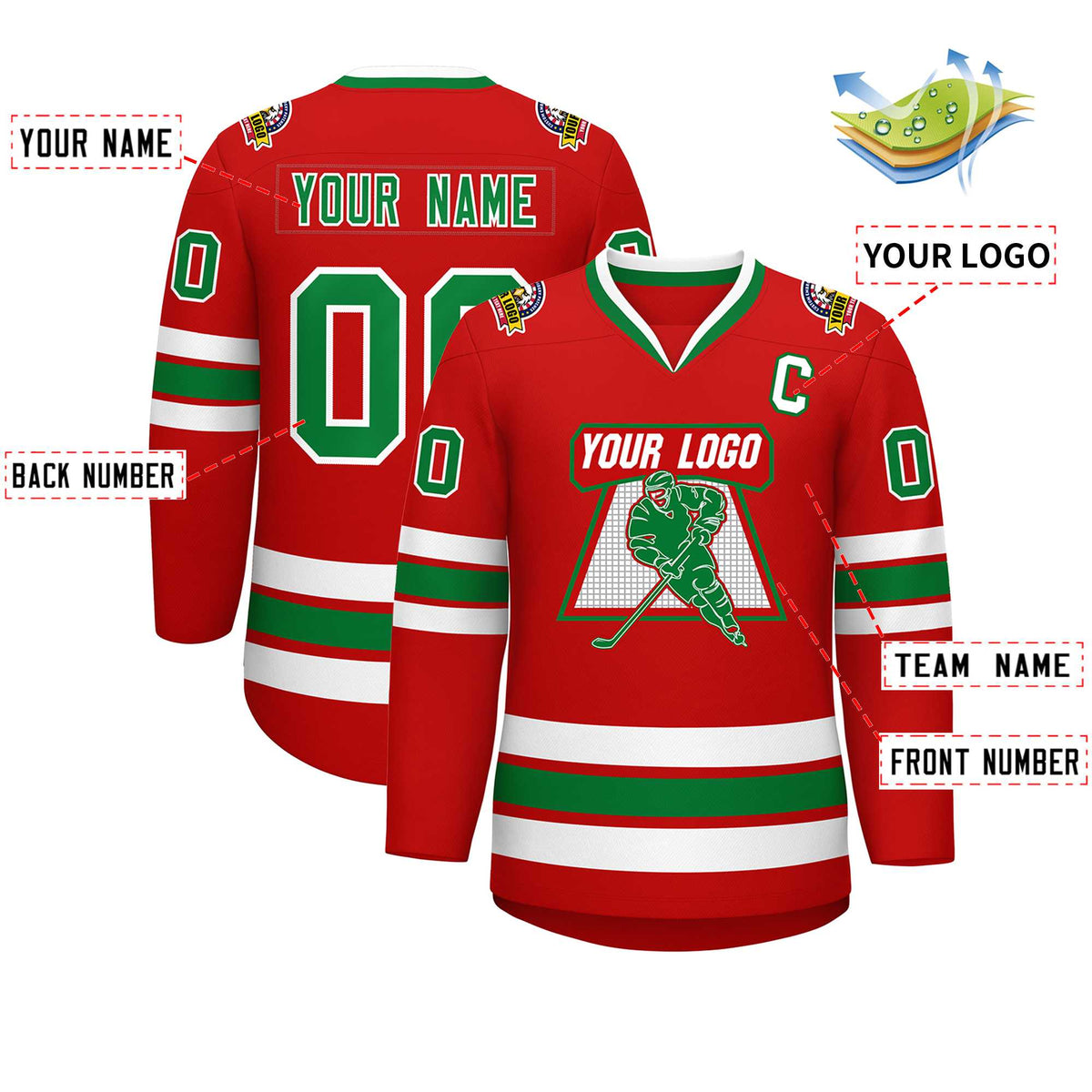 Custom Red Kelly Green-White Classic Style Hockey Jersey