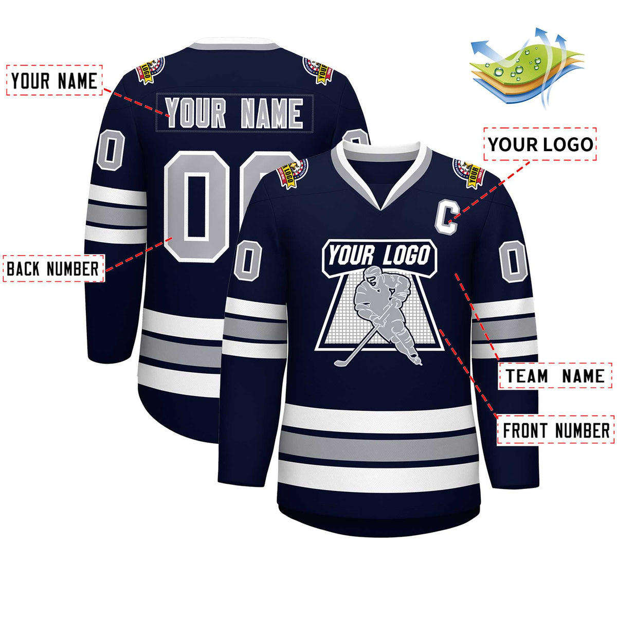 Custom Navy Gray-White Classic Style Hockey Jersey