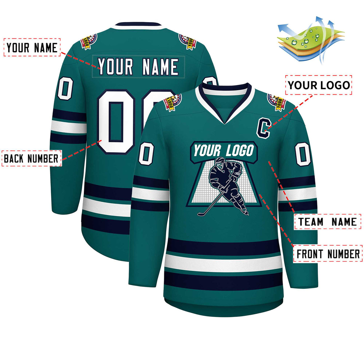 Custom Aqua White-Navy Classic Style Hockey Jersey