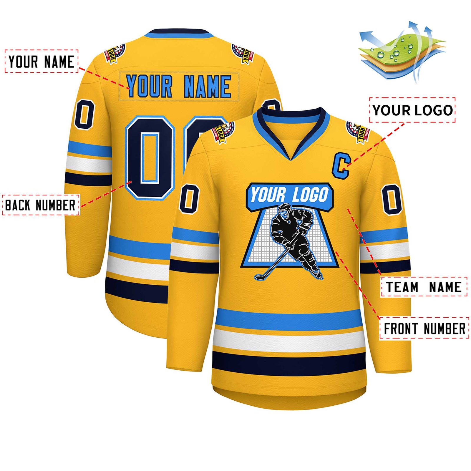 Custom Gold Navy White-Powder Blue Classic Style Hockey Jersey