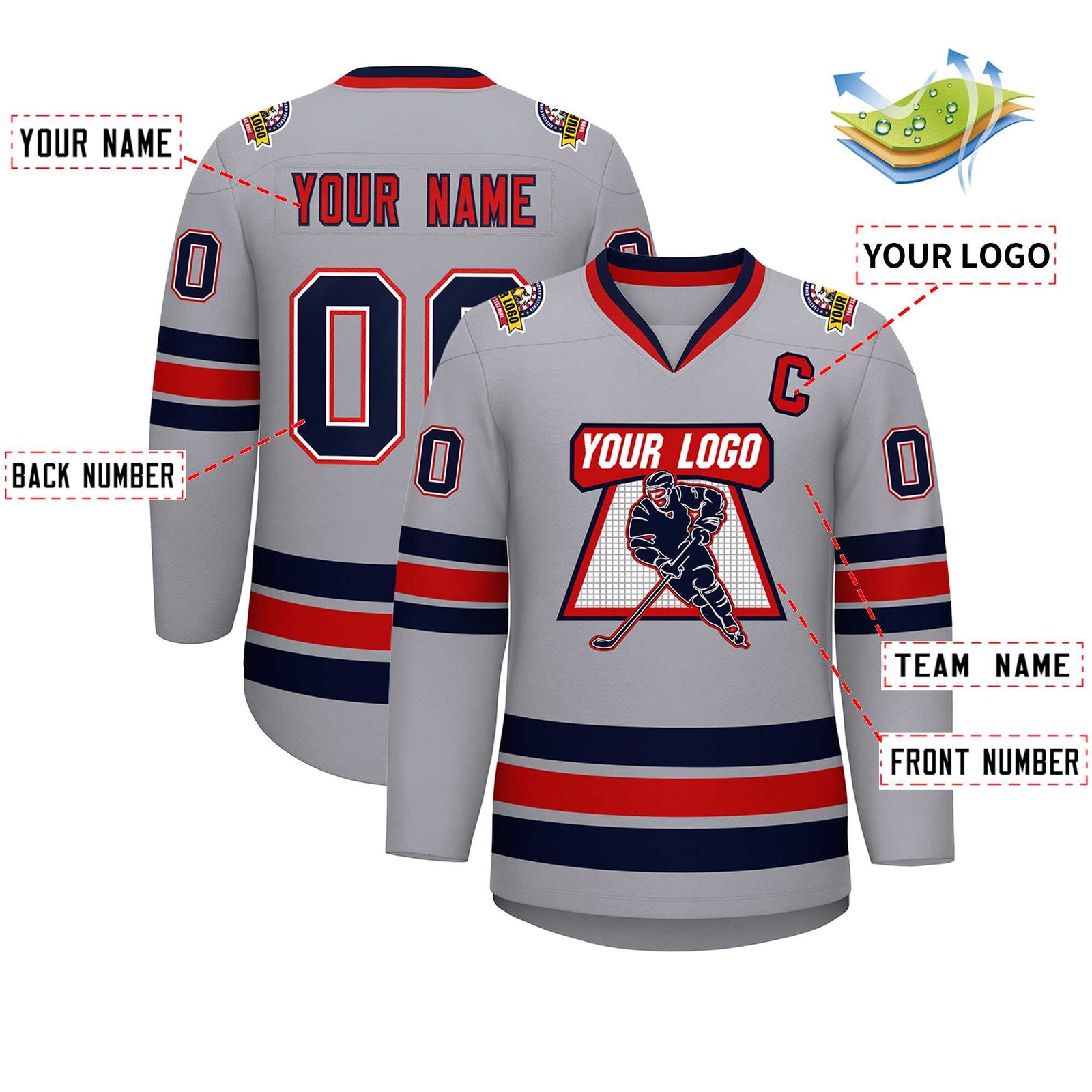 Custom Gray Navy White-Red Classic Style Hockey Jersey