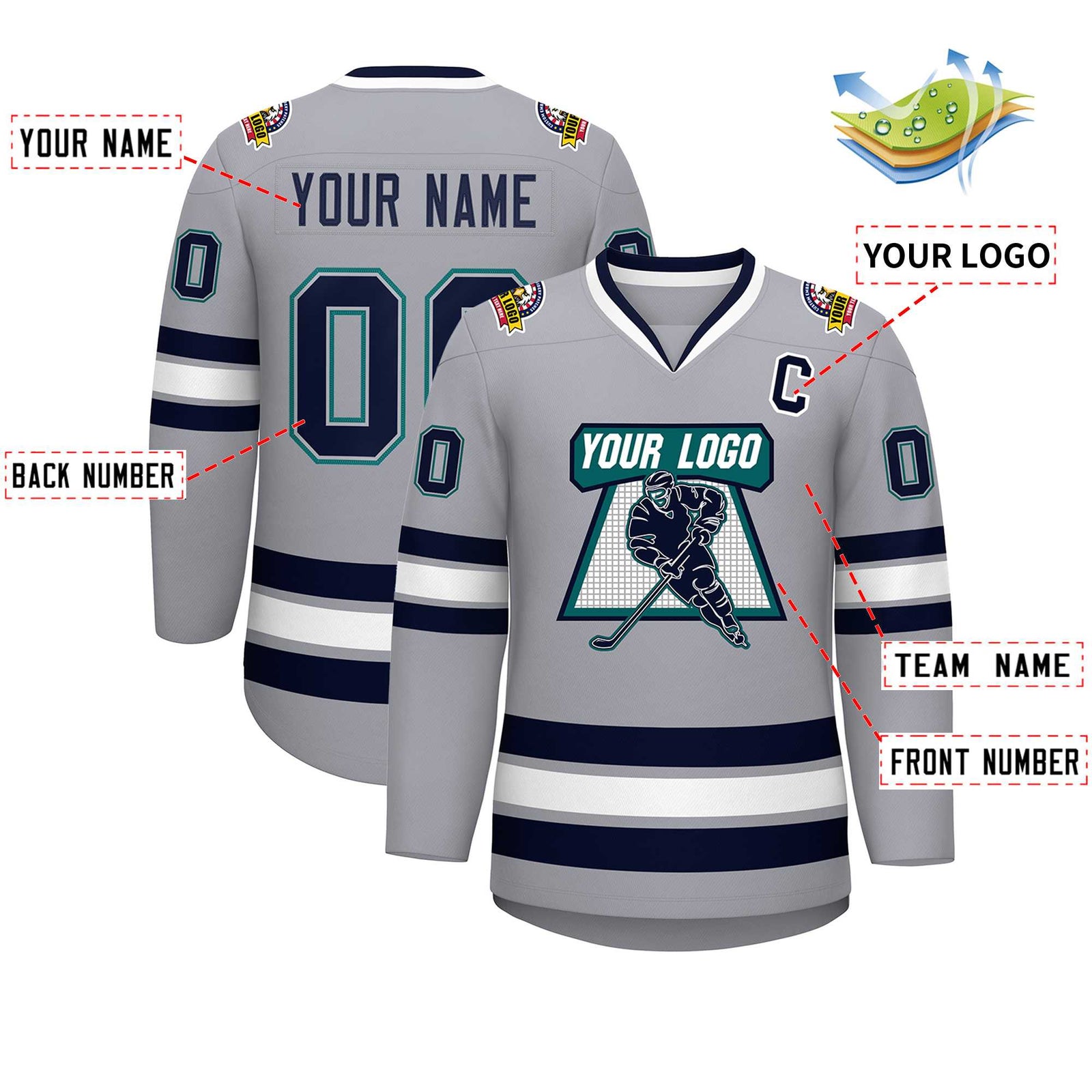 Custom Gray Navy Gray-Aqua Classic Style Hockey Jersey