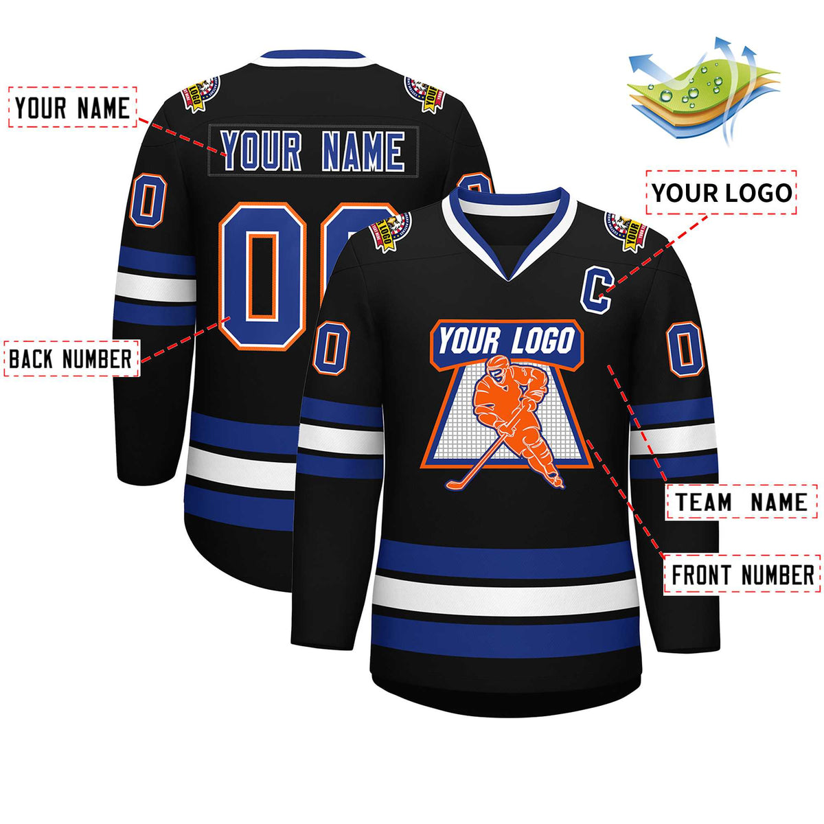 Custom Black Royal White-Orange Classic Style Hockey Jersey