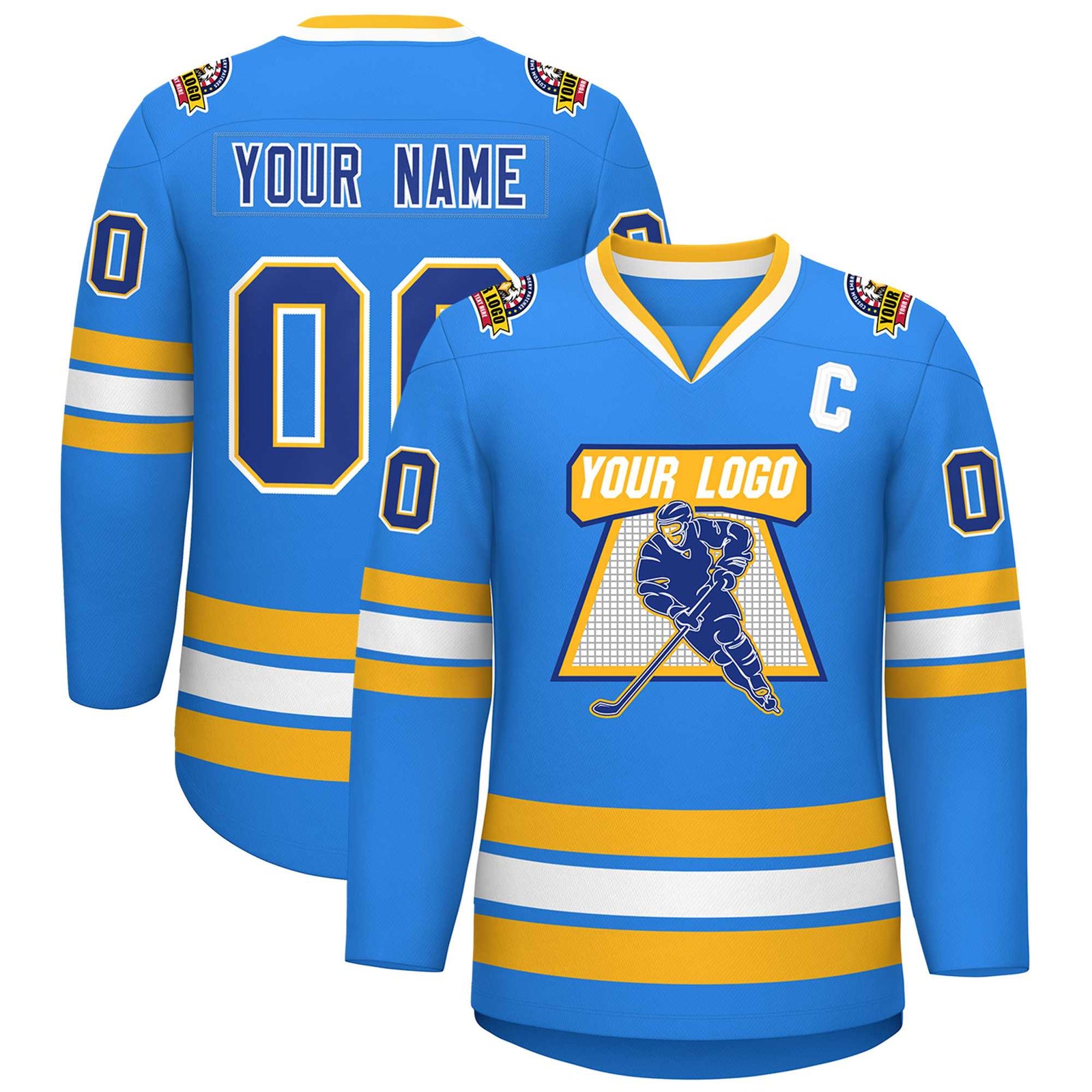 Custom Powder Blue Royal Gold-White Classic Style Hockey Jersey