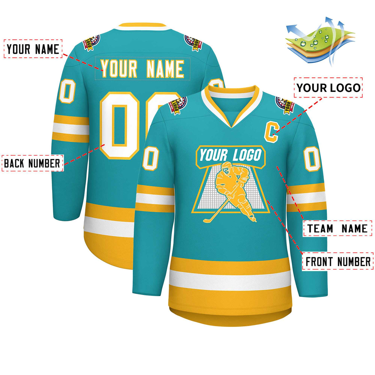 Custom Aqua White-Gold Classic Style Hockey Jersey