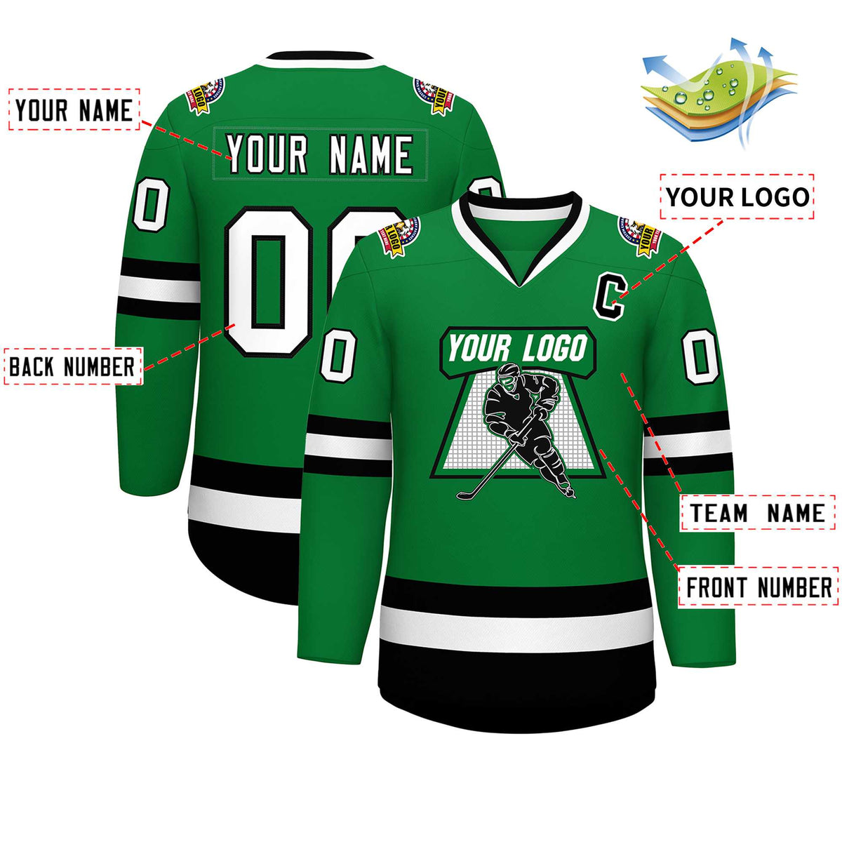 Custom Kelly Green White-Black Classic Style Hockey Jersey