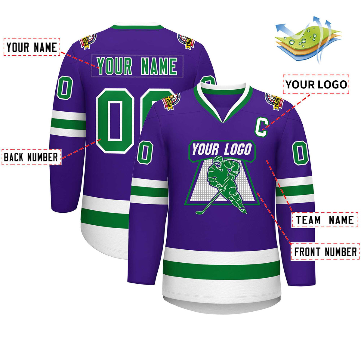 Custom Purple Kelly Green-White Classic Style Hockey Jersey