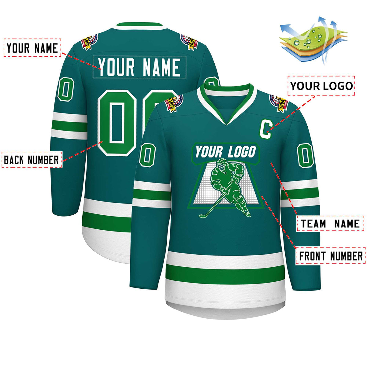 Custom Teal Kelly Green-White Classic Style Hockey Jersey