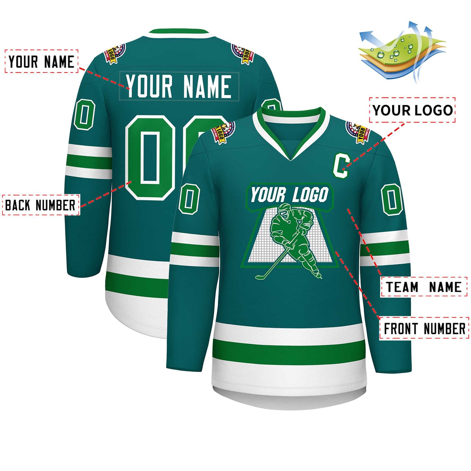 Custom Teal Kelly Green-White Classic Style Hockey Jersey