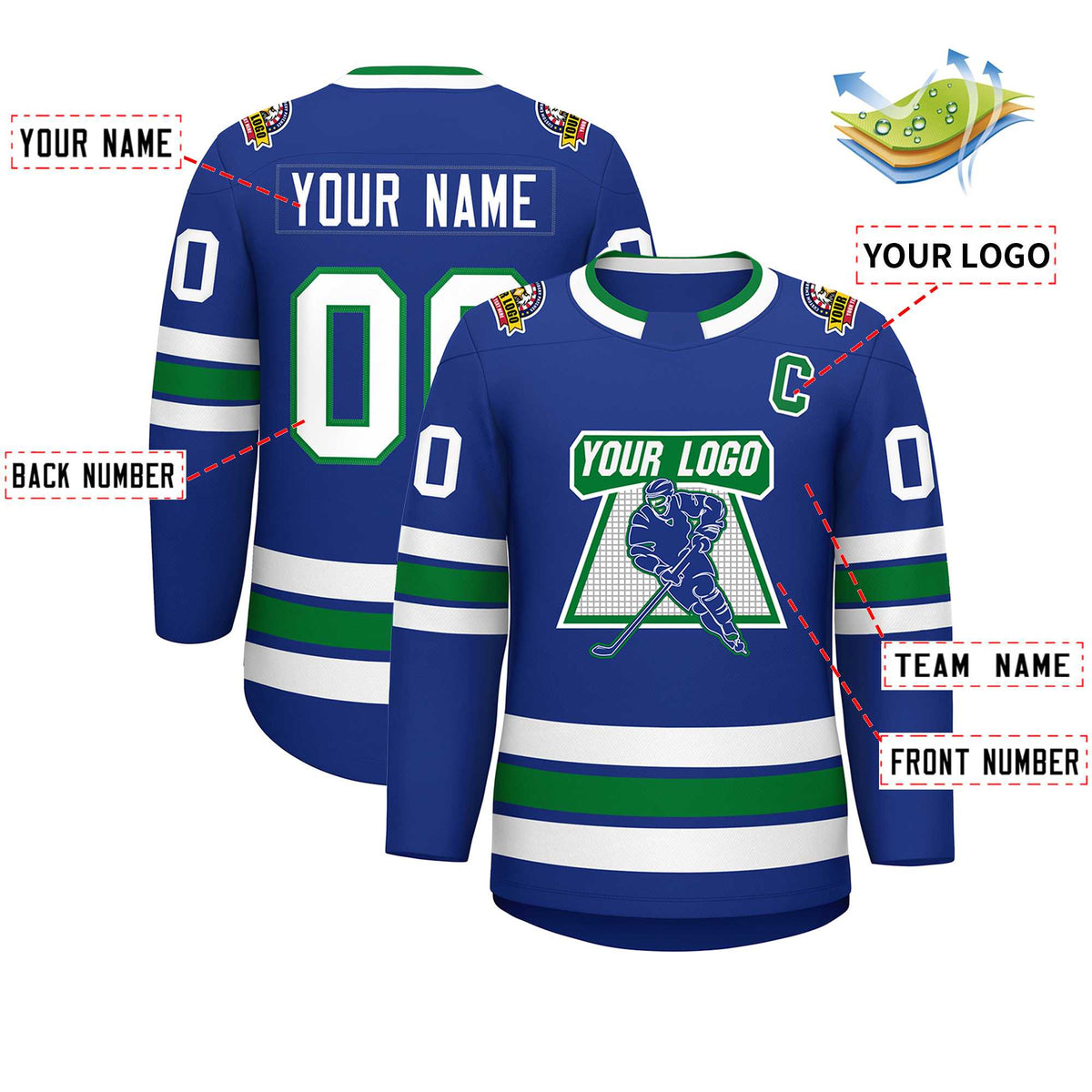 Custom Royal White-Kelly Green Classic Style Hockey Jersey