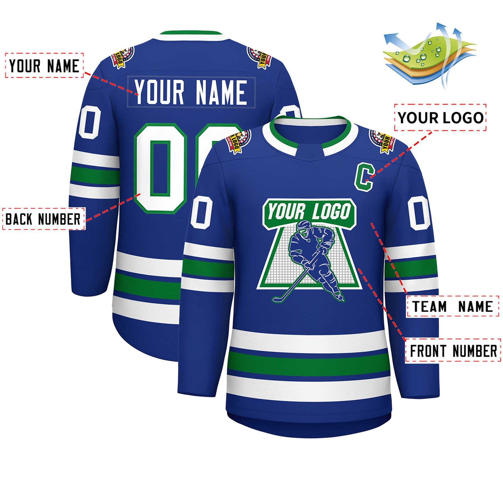 Custom Royal White-Kelly Green Classic Style Hockey Jersey
