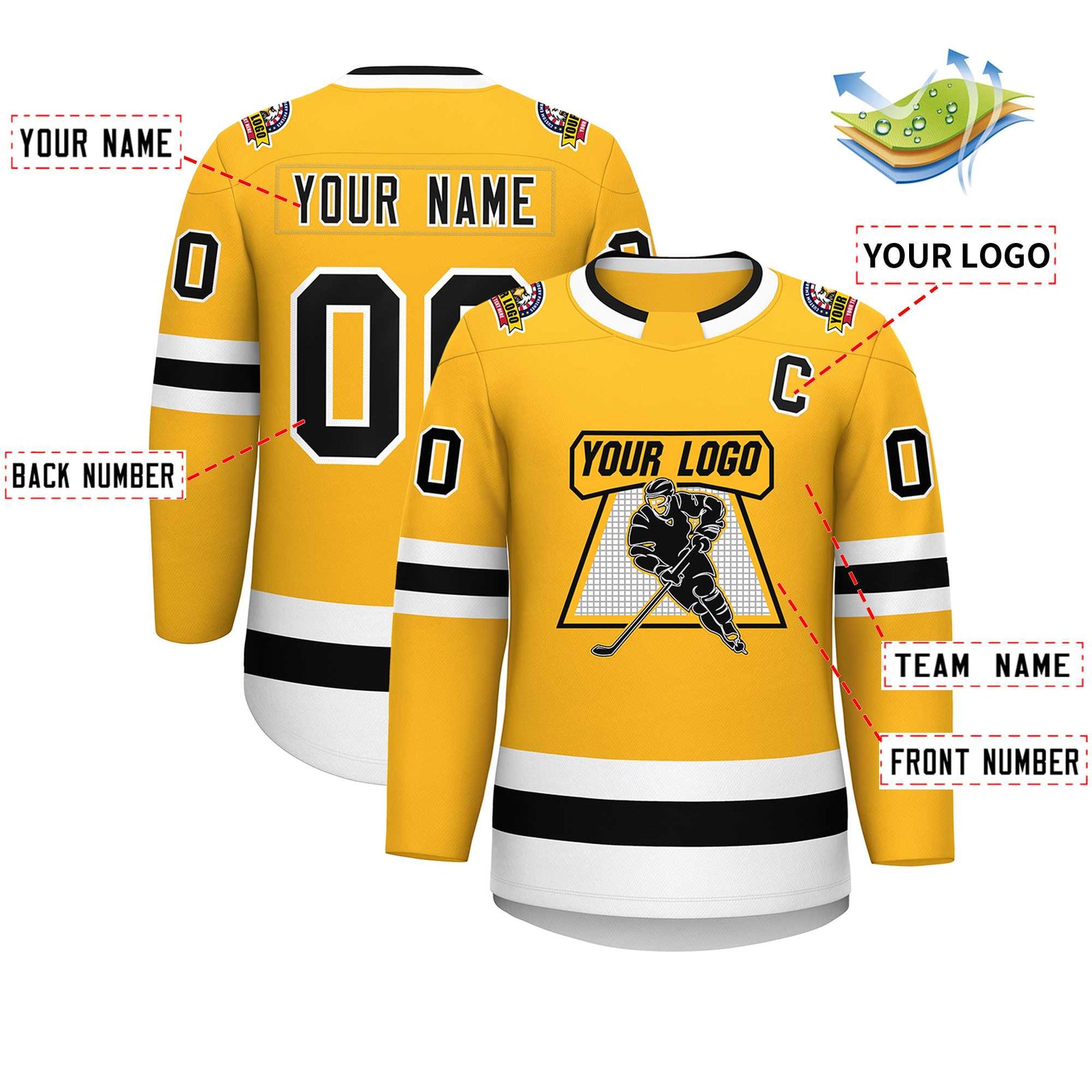 Custom Gold Black-White Classic Style Hockey Jersey