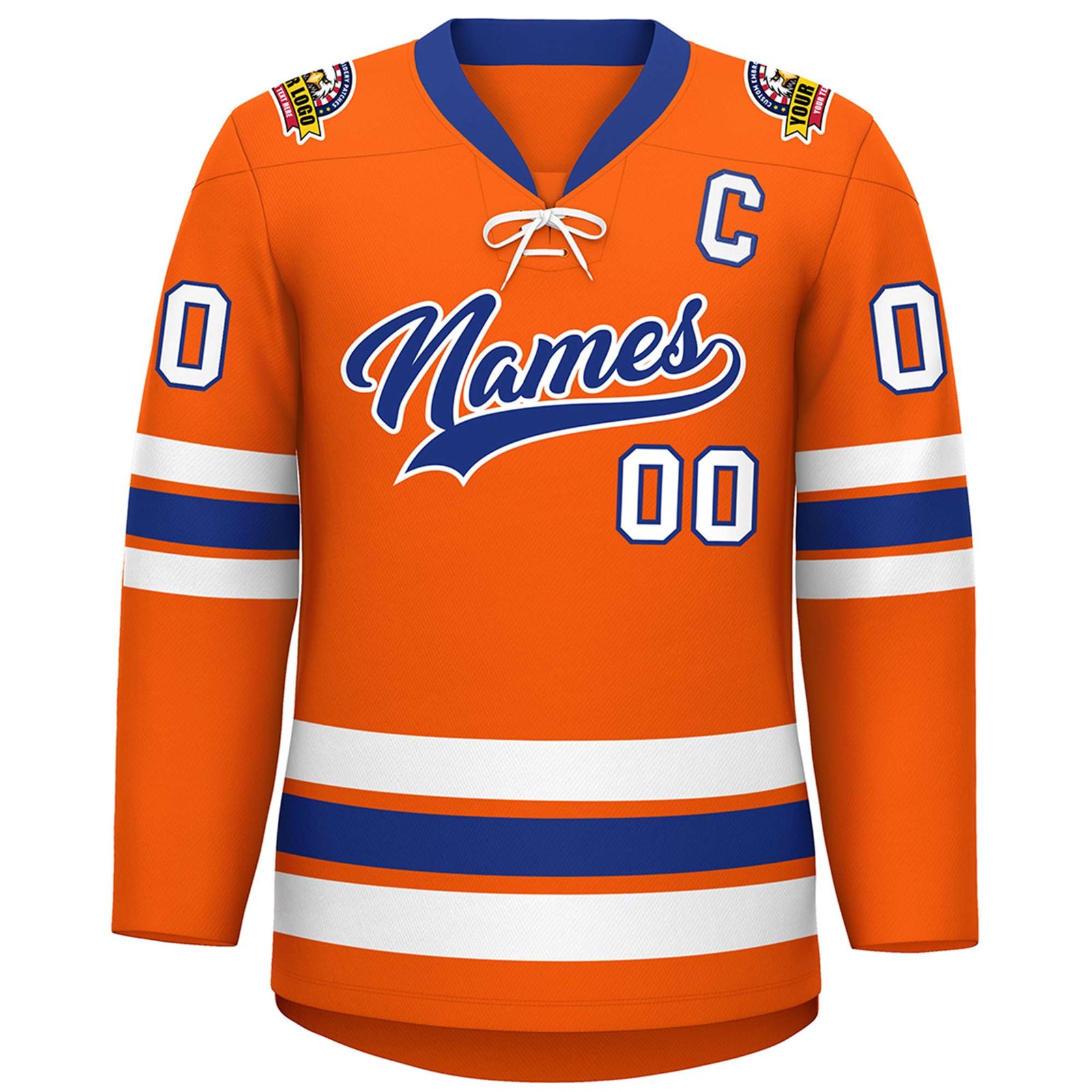 Custom Orange Royal-White Lace-Up Neck Hockey Jersey