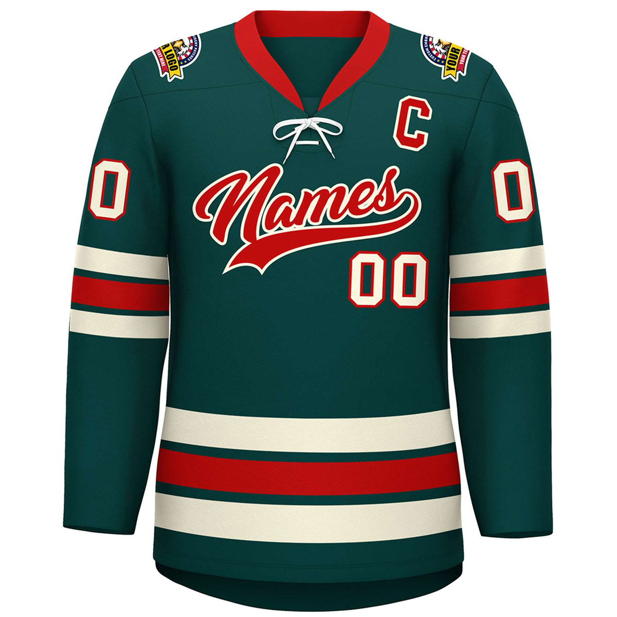 Custom Midnight Green Red-Cream Lace-Up Neck Hockey Jersey