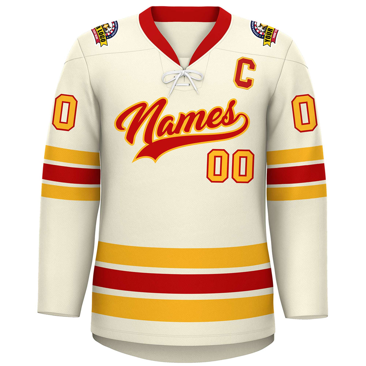Custom Cream Red-Yellow Lace-Up Neck Hockey Jersey
