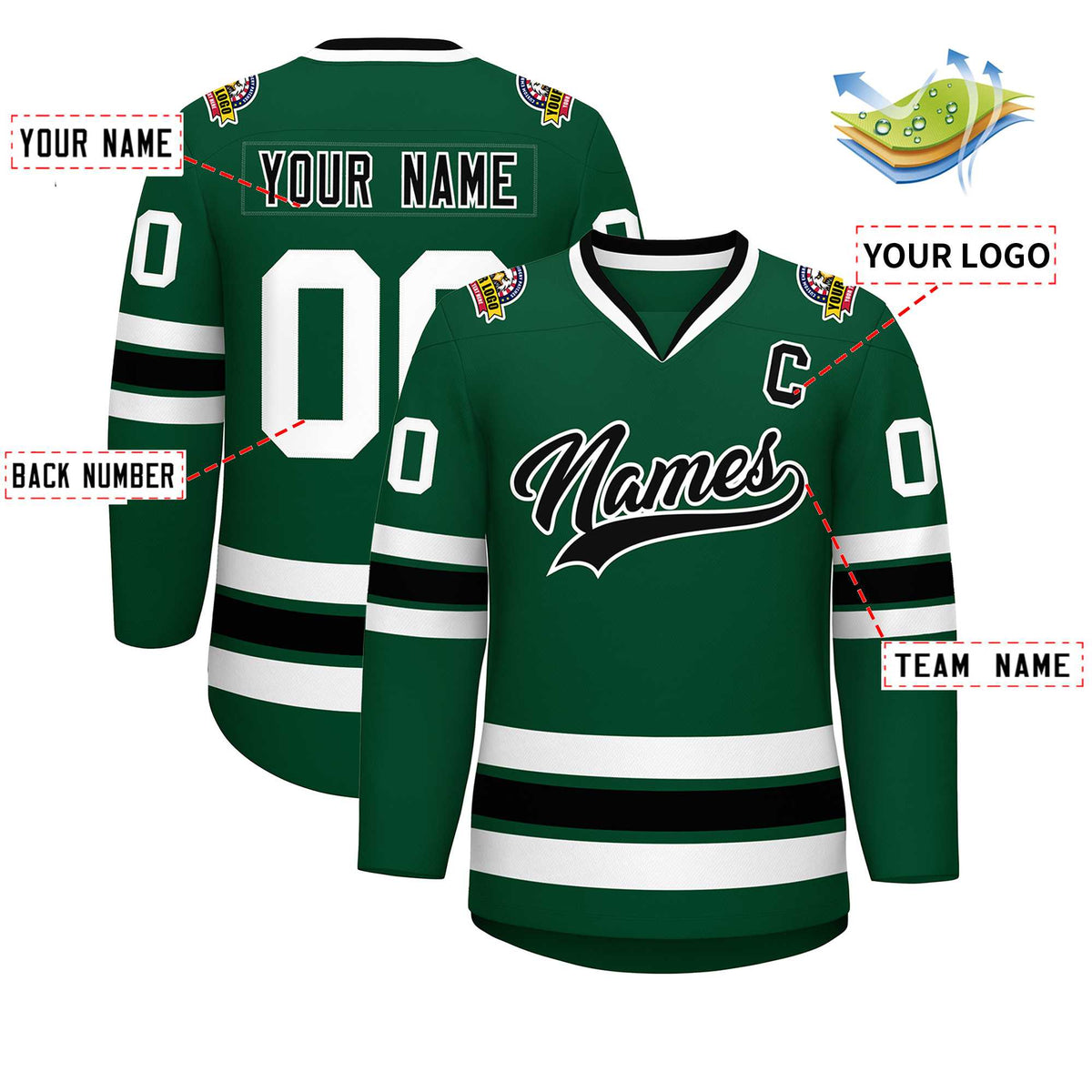 Custom Green Black-White Classic Style Hockey Jersey