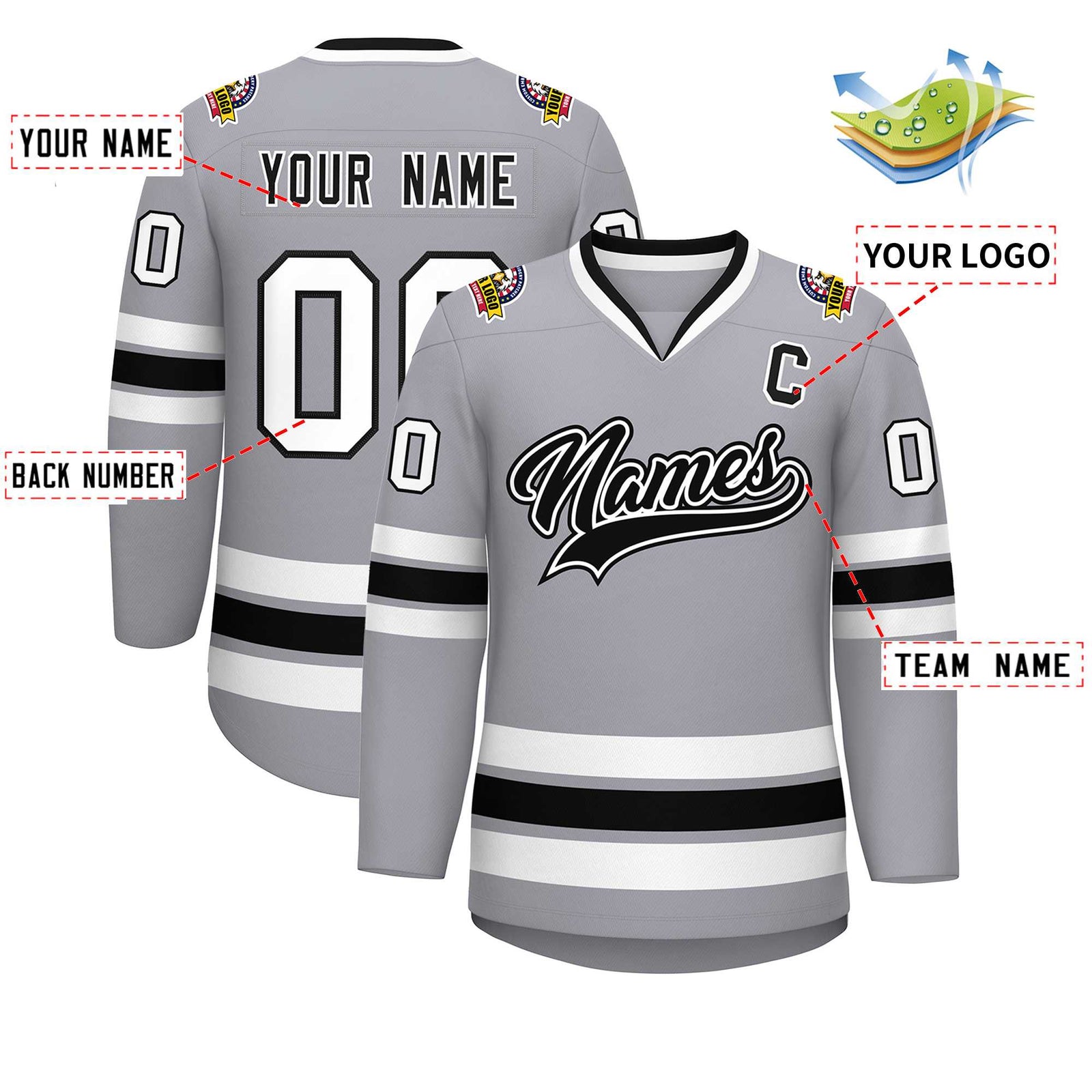 Custom Gray Black White-Black Classic Style Hockey Jersey