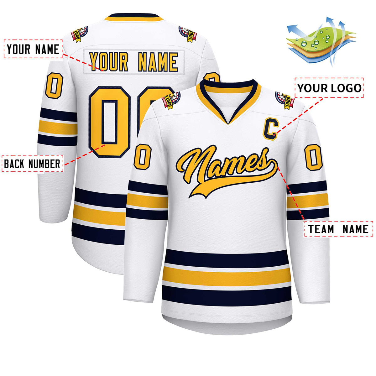 Custom White Gold-Navy Classic Style Hockey Jersey