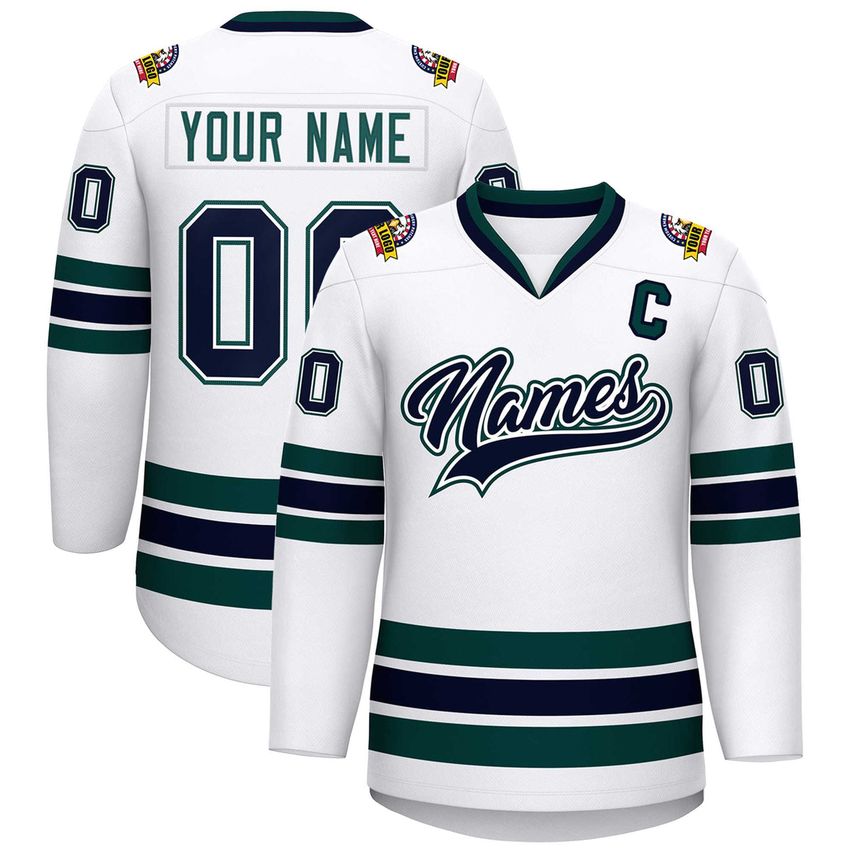 Custom White Navy White-Midnight Green Classic Style Hockey Jersey