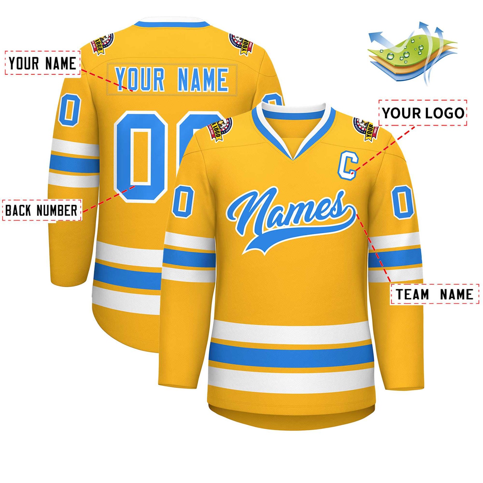 Custom Gold Powder Blue-White Classic Style Hockey Jersey