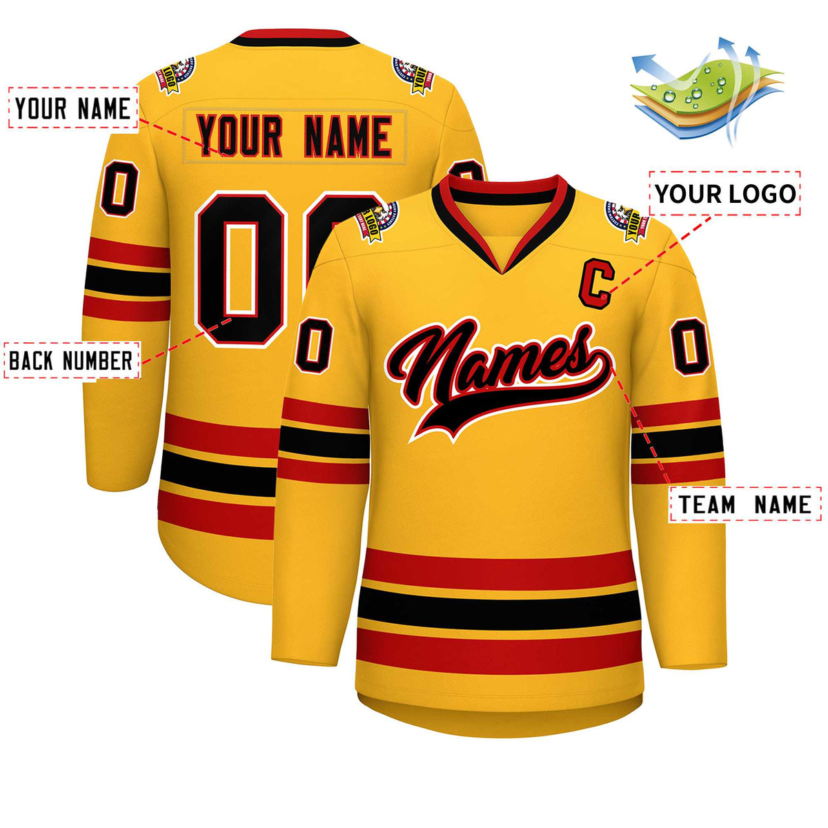 Custom Gold Black Red-White Classic Style Hockey Jersey