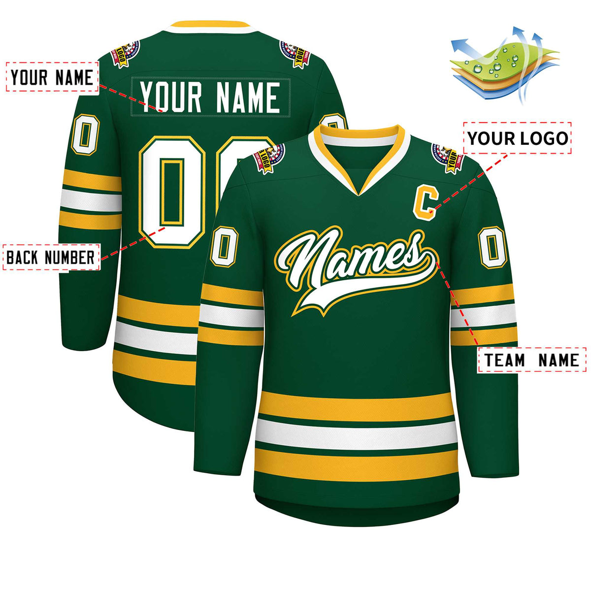 Custom Green White Green-Gold Classic Style Hockey Jersey
