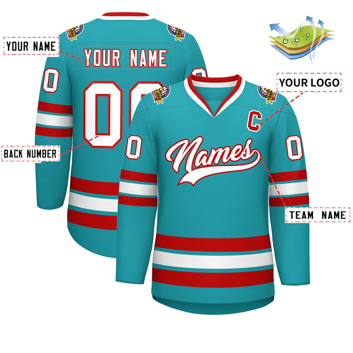 Custom Aqua White-Red Classic Style Hockey Jersey