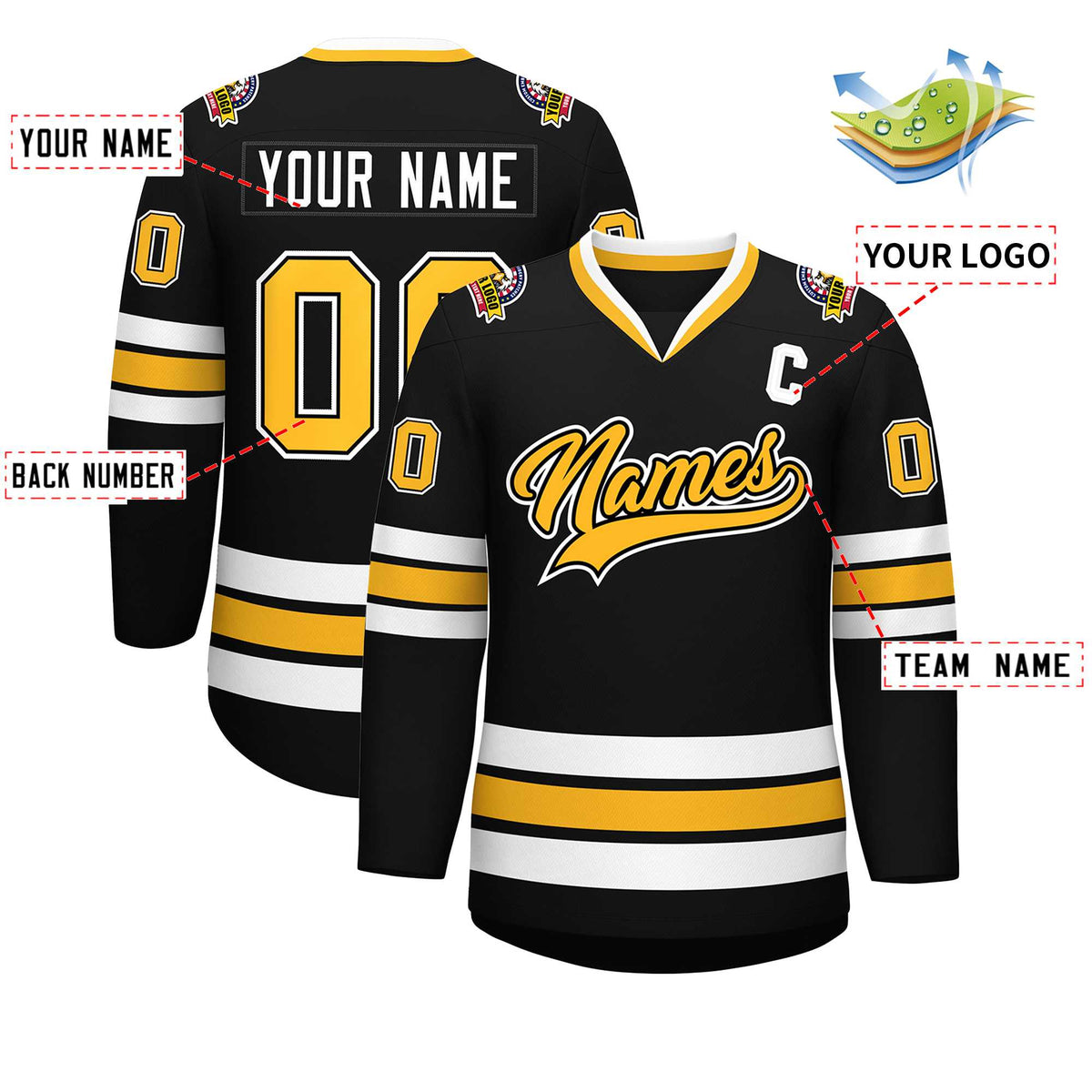 Custom Black Gold Black-White Classic Style Hockey Jersey