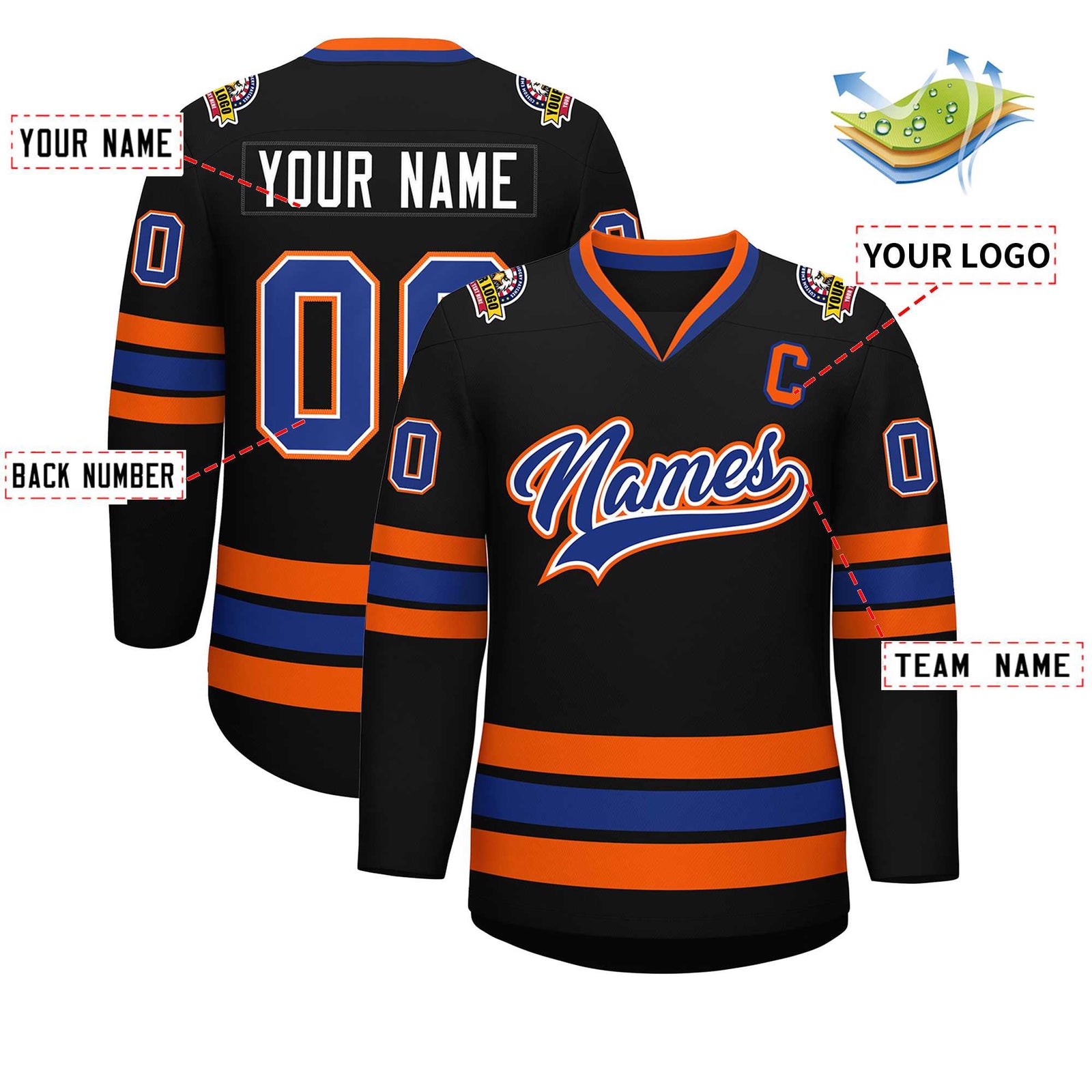 Custom Black Royal White-Orange Classic Style Hockey Jersey