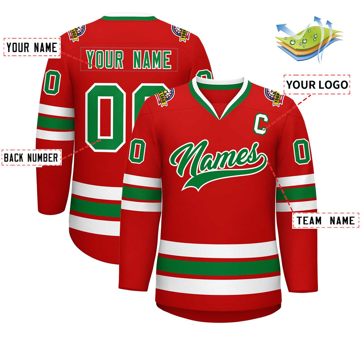 Custom Red Kelly Green-White Classic Style Hockey Jersey