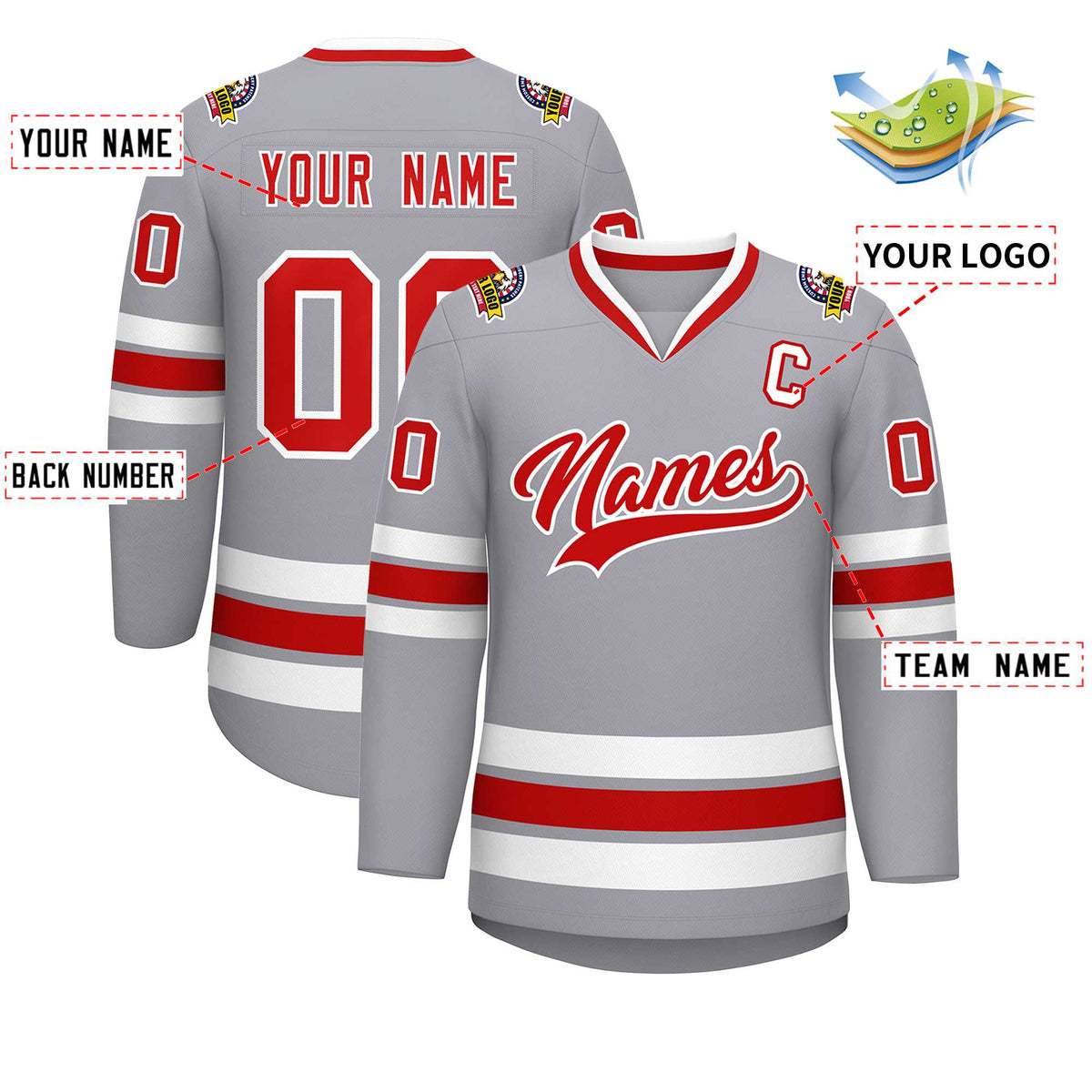 Custom Gray Red-White Classic Style Hockey Jersey