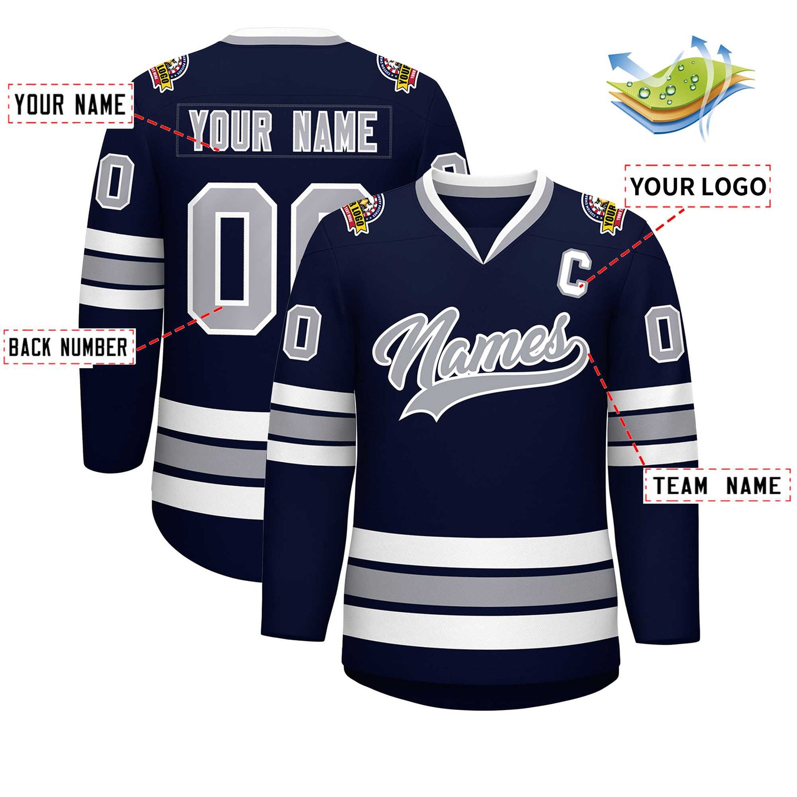 Custom Navy Gray-White Classic Style Hockey Jersey
