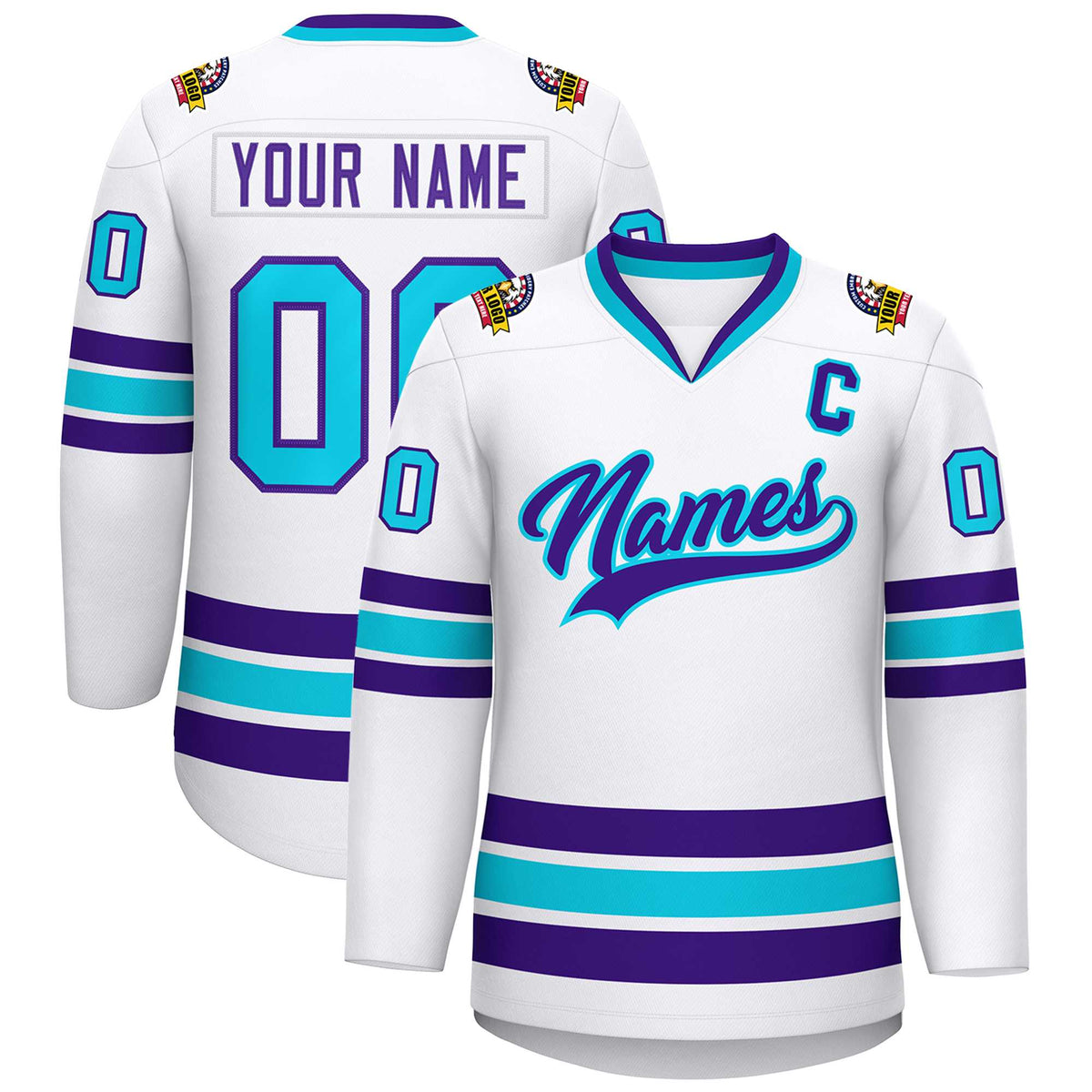 Custom White Purple-Powder Blue Classic Style Hockey Jersey